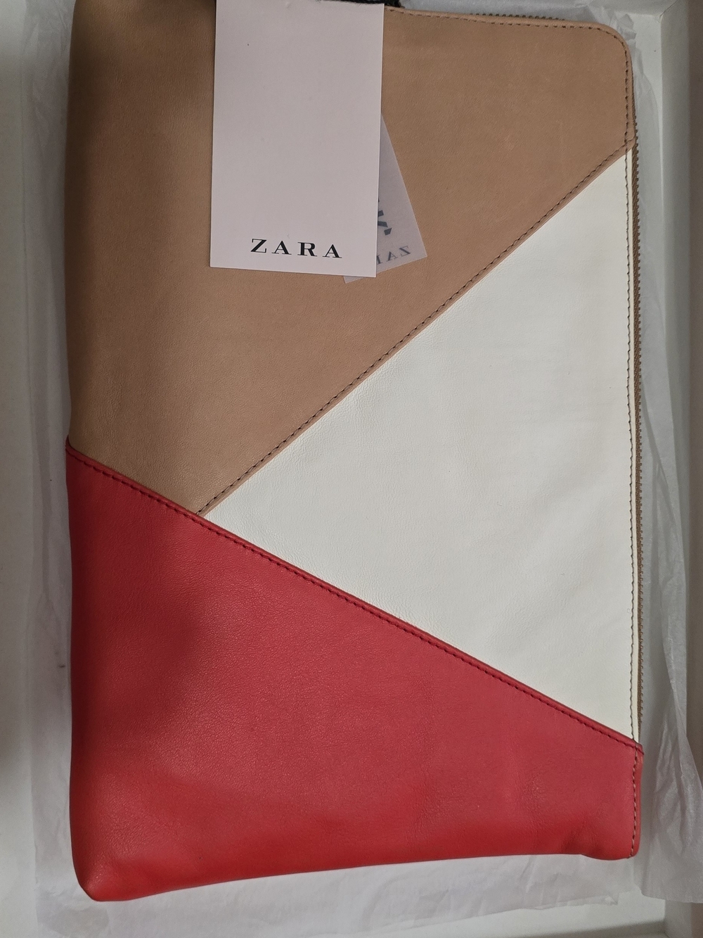 ZARA Red, White & Beige Colorblock Envelope Clutch